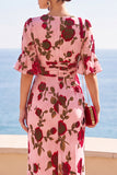V-Neck Pink Floral Ruched A Line High-Low Wedding Guest Dress