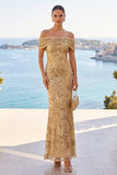 Off The Shoulder Green Sequin Mermaid Long Wedding Guest Dress