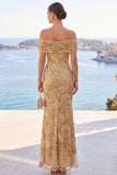 Off The Shoulder Green Sequin Mermaid Long Wedding Guest Dress