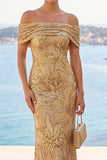 Off The Shoulder Green Sequin Mermaid Long Wedding Guest Dress