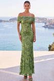 Off The Shoulder Green Sequin Mermaid Long Wedding Guest Dress