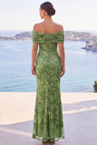 Off The Shoulder Green Sequin Mermaid Long Wedding Guest Dress
