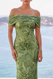 Off The Shoulder Green Sequin Mermaid Long Wedding Guest Dress
