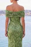 Off The Shoulder Green Sequin Mermaid Long Wedding Guest Dress