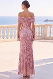 Off The Shoulder Green Sequin Mermaid Long Wedding Guest Dress