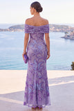 Off The Shoulder Green Sequin Mermaid Long Wedding Guest Dress