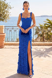 Square Neck Sheath Corset Blue Long Wedding Guest Dress With Slit