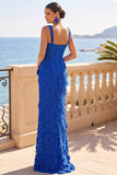 Square Neck Sheath Corset Blue Long Wedding Guest Dress With Slit