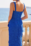 Square Neck Sheath Corset Blue Long Wedding Guest Dress With Slit