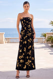 Strapless Sheath Black Golden Ruched Midi Wedding Guest Dress