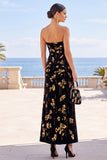 Strapless Sheath Black Golden Ruched Midi Wedding Guest Dress