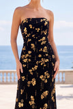 Strapless Sheath Black Golden Ruched Midi Wedding Guest Dress