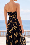 Strapless Sheath Black Golden Ruched Midi Wedding Guest Dress