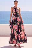 Halter Pink Pleated A Line Floral Long Wedding Guest Dress
