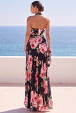 Halter Pink Pleated A Line Floral Long Wedding Guest Dress