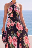 Halter Pink Pleated A Line Floral Long Wedding Guest Dress