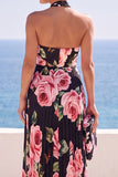 Halter Pink Pleated A Line Floral Long Wedding Guest Dress