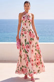 Halter Pink Pleated A Line Floral Long Wedding Guest Dress