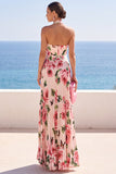 Halter Pink Pleated A Line Floral Long Wedding Guest Dress