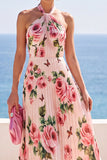 Halter Pink Pleated A Line Floral Long Wedding Guest Dress