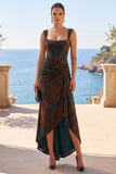 Ruched Sheath Square Neck Green Floral High-Low Wedding Guest Dress