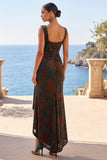 Ruched Sheath Square Neck Green Floral High-Low Wedding Guest Dress