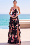Strapless Sheath Black Ruffled A Line Long Wedding Guest Dress With Slit