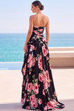 Strapless Sheath Black Ruffled A Line Long Wedding Guest Dress With Slit