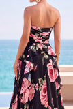 Strapless Sheath Black Ruffled A Line Long Wedding Guest Dress With Slit
