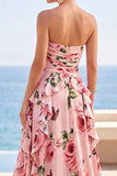 Strapless Sheath Black Ruffled A Line Long Wedding Guest Dress With Slit