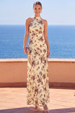 High Neck Sheath Black Floral Long Wedding Guest Dress