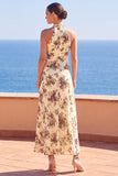 High Neck Sheath Black Floral Long Wedding Guest Dress