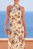 High Neck Sheath Black Floral Long Wedding Guest Dress