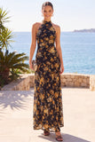 High Neck Sheath Black Floral Long Wedding Guest Dress