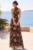 High Neck Sheath Black Floral Long Wedding Guest Dress