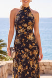 High Neck Sheath Black Floral Long Wedding Guest Dress
