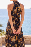High Neck Sheath Black Floral Long Wedding Guest Dress
