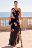 Asymmetrical Neck Black Sheath Floral Long Wedding Guest Dress