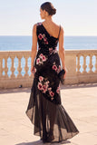 Asymmetrical Neck Black Sheath Floral Long Wedding Guest Dress