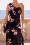 Asymmetrical Neck Black Sheath Floral Long Wedding Guest Dress