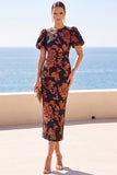 Jacquard Puff Sleeve Sheath Black Floral Midi Wedding Guest Dress
