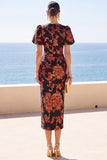 Jacquard Puff Sleeve Sheath Black Floral Midi Wedding Guest Dress