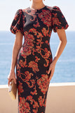 Jacquard Puff Sleeve Sheath Black Floral Midi Wedding Guest Dress