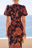 Jacquard Puff Sleeve Sheath Black Floral Midi Wedding Guest Dress