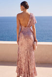 One Shoulder Sheath Dusty Rose Sequin Wedding Guest Dress With Slit