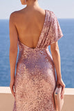 One Shoulder Sheath Dusty Rose Sequin Wedding Guest Dress With Slit