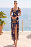 Cold Shoulder Sheath Navy Ruffled Wedding Guest Dress With Slit