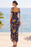 Cold Shoulder Sheath Navy Ruffled Wedding Guest Dress With Slit