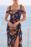 Cold Shoulder Sheath Navy Ruffled Wedding Guest Dress With Slit