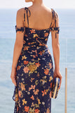 Cold Shoulder Sheath Navy Ruffled Wedding Guest Dress With Slit